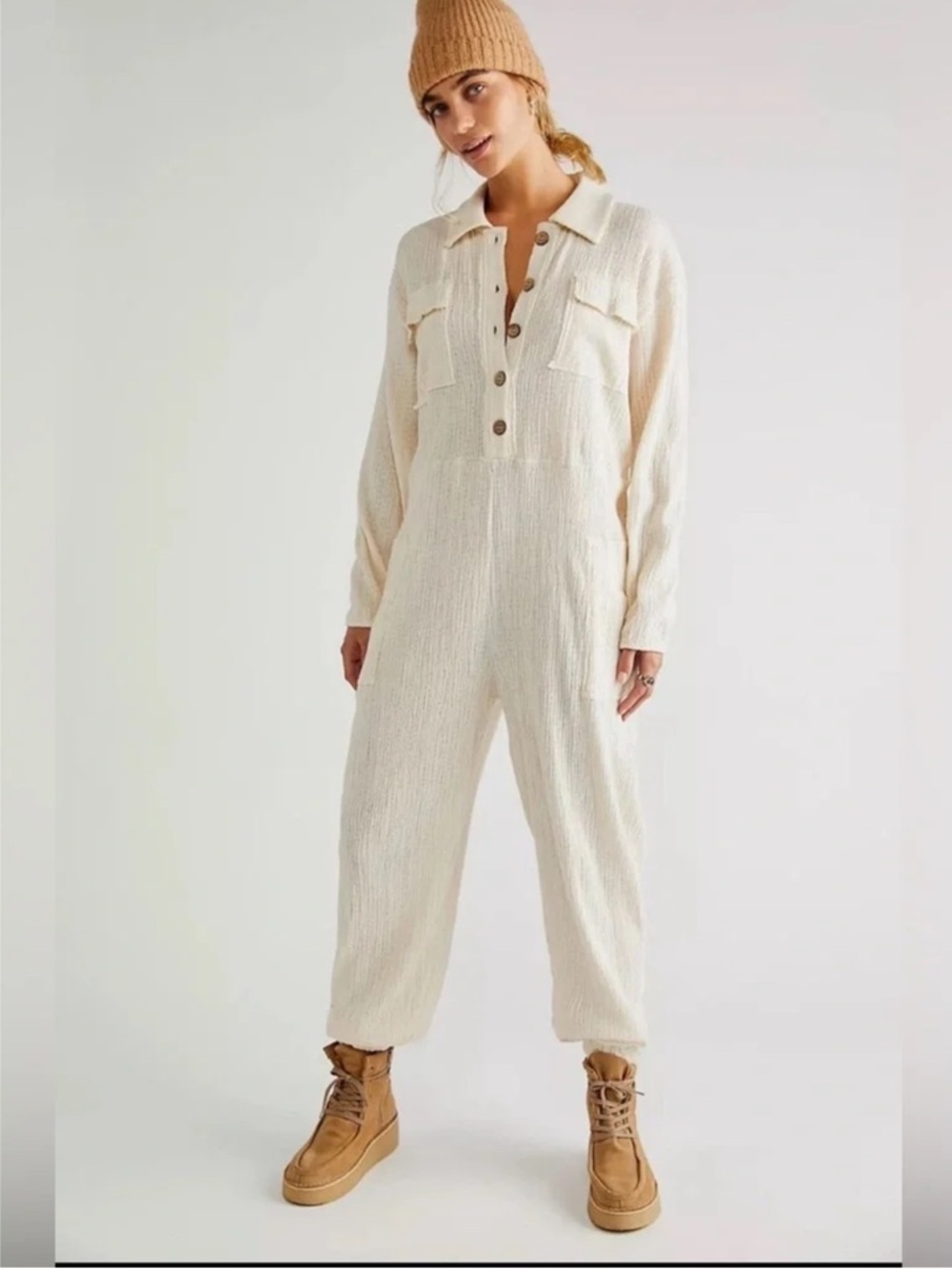 FREE PEOPLE BEACH Calico Jumpsuit Cream Gauze Cotton  Size XS
